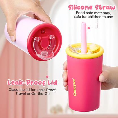Gencywe 2 PACK Kids Double Walled Stainless Steel Cups with Straws and lids | 12 oz Spill-Proof Sippy Smoothie Tumbler Set, Small Kids Snack & Drink Water Cups, BPA-Free (Age: 3+ years old & up)