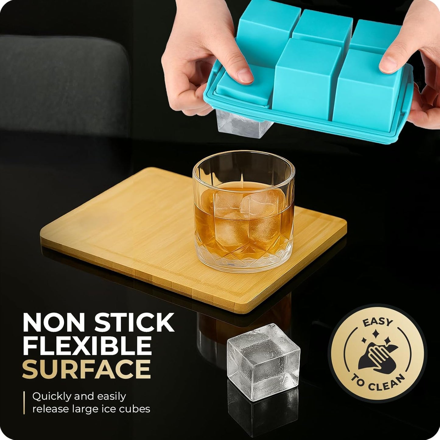 Large Ice Cube Trays for Whiskey, Silicone Ice Cube Tray, with Reinforced Steel Ring Top, Makes 12 perfect 2-in ice cubes, Square Ice Tray for Cocktails, Whiskey, Coffee. (2 Pack)