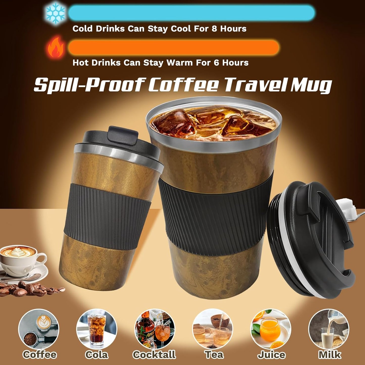 SPLMIFA Vacuum-Insulated Stainless Steel Travel Coffee Mug, Leak-Proof Reusable Coffee Cup with Lid - Keep Hot & Cold Drinks for Hours, Durable Insulated Tumbler for Men & Women(3rd-Black, 12OZ)