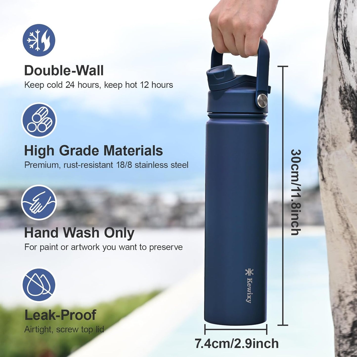 KEWIXY 32 oz Insulated Water Bottle, 2-in-1 Lid, Straw & Spout with Protected, Leak Proof, Keep Cold, Stainless Steel, Metal, Reusable, Handle, for Outdoor, Gym and School, 2 Lids, Blush Pink