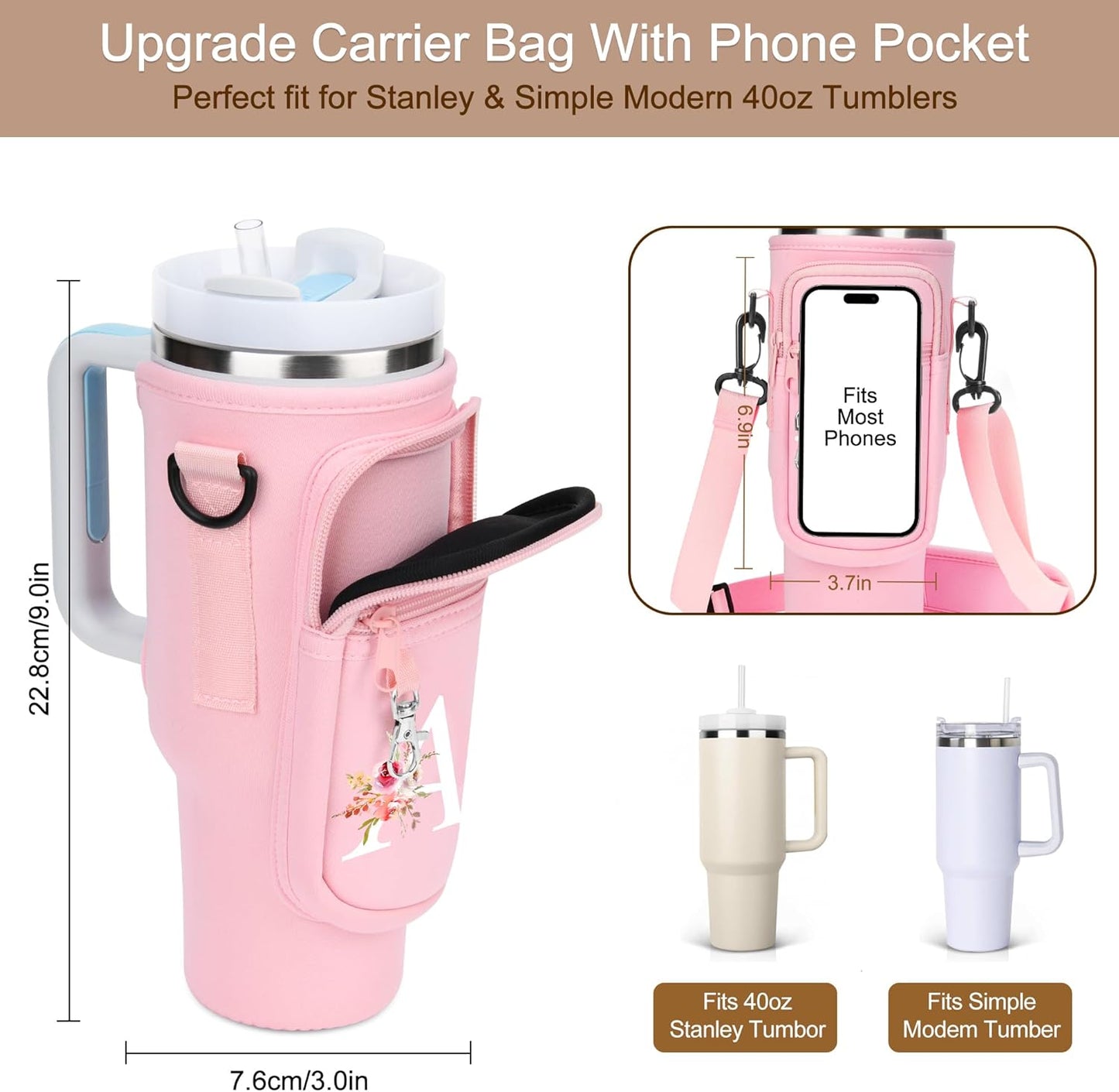 Initial Water Bottle Holder with Strap for Stanley Cup Accessories 40 oz/Simple Modern Tumbler, Birthdays for Women Girls, Water Bottle Carrier Bag with Phone Pocket,Hiking Walking Gym Camping