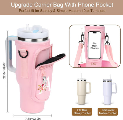 Initial Water Bottle Holder with Strap for Stanley Cup Accessories 40 oz/Simple Modern Tumbler, Birthdays for Women Girls, Water Bottle Carrier Bag with Phone Pocket,Hiking Walking Gym Camping