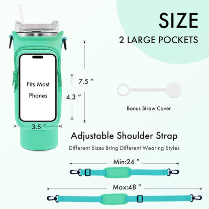 JEBEALUO Water Bottle Carrier Bag with Phone Pocket for Stanley Cup 40/30 oz, Water Bottle Holder with Adjustable Strap& Straw Cover, Stanley Cup Accessories