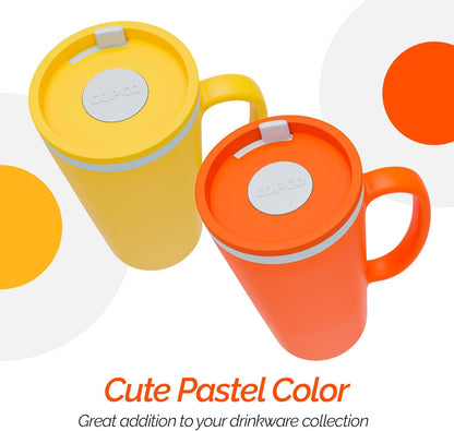 Copco Cone Desk Mug, 16 oz (Set of 2) - Double Wall Insulated Mugs with Handle, Reusable Tumbler Set with Twist-Off Spill Resistant Lid, BPA-Free, Microwave & Dishwasher Safe (Orange/Mustard)