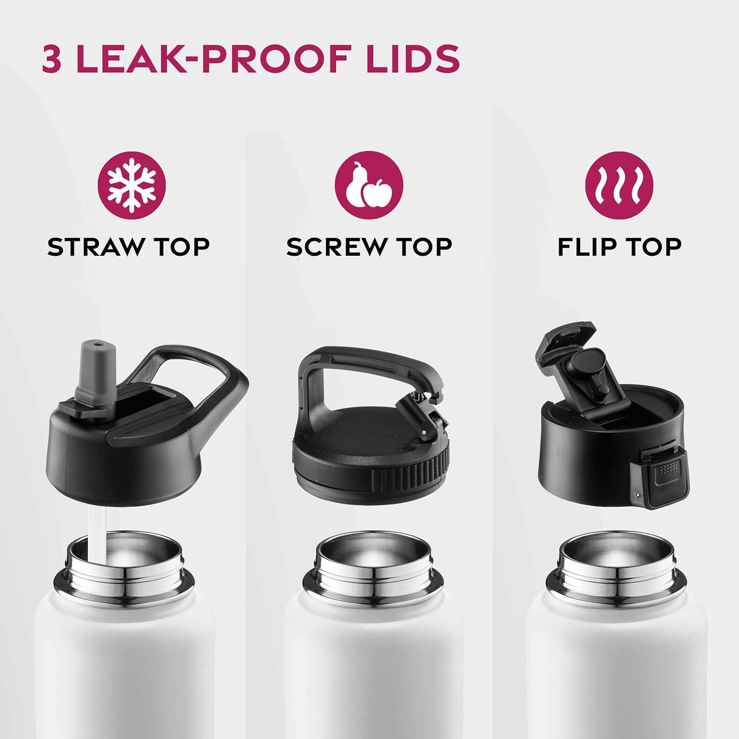 FineDine Water Bottle - Stainless Steel Insulated Water Bottle with Straw Lid, Flip Lid & Wide-Mouth Cap - Keeps Hot and Cold - 25 Oz / 739ml - Dreamy Purple