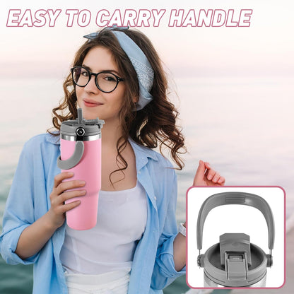 30 oz Tumbler with Handle and Straw Lid, Double Walled Vacuum Insulated Water Bottle Leakproof Tumbler Travel Coffee Mug Thermal Cup, Cupholder Friendly for Office, Home, Sport, Pink
