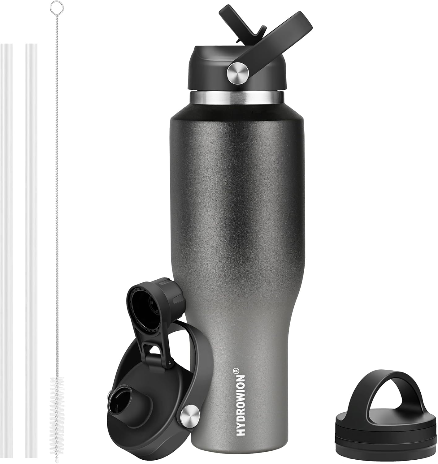 HYDROWION 32oz Stainless Steel Water Bottle(Cold for 48 Hrs, Hot for 24 Hrs),Double Wall Vacuum Insulated Water Bottle with Straw Lid, Spout Lid and Flex Cap, Fit in Any Car Cup Holder,Black