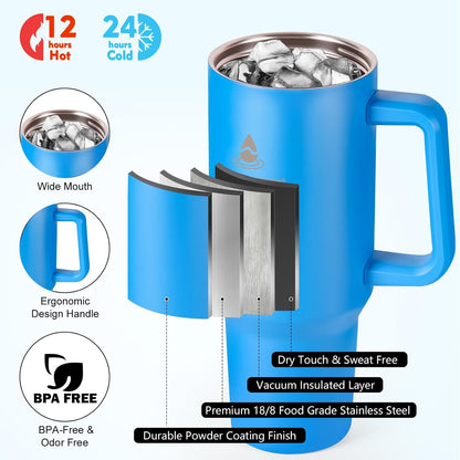 40 oz Tumbler with Handle and Straw or Convert to 40 oz Insulated Water Bottle Fits in Cup Holder. Stainless Steel Metal Water Flask with 2 Lids for Travel,Camping,Gym Sports Coffee Mug Thermal Cup