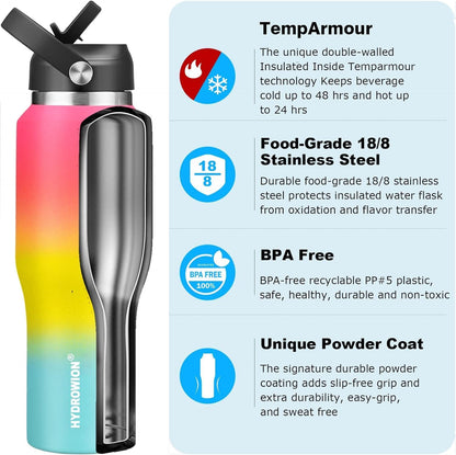HYDROWION 32oz Stainless Steel Water Bottle(Cold for 48 Hrs, Hot for 24 Hrs),Double Wall Vacuum Insulated Water Bottle with Straw Lid, Spout Lid and Flex Cap, Fit in Any Car Cup Holder,Black
