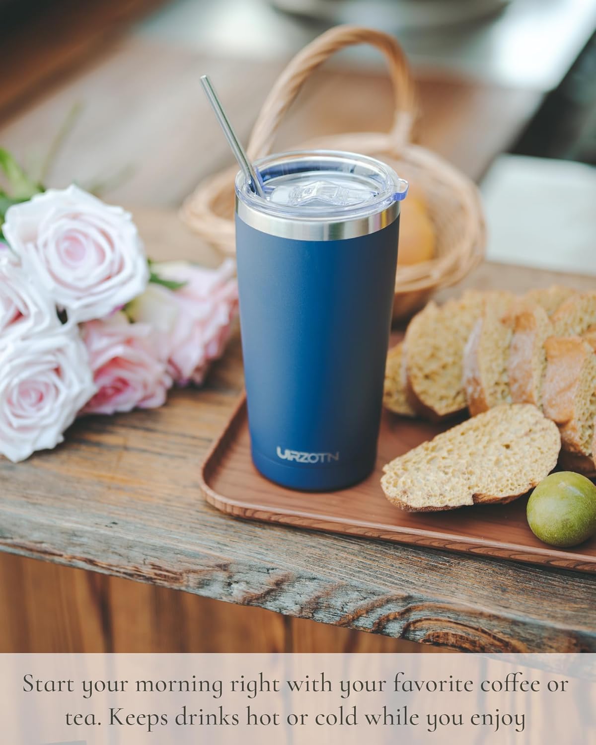 Travel Coffee Tumbler 20oz, Leakproof Travel Coffee Mug with Dual Lids and Straw, Stainless Steel Double Wall Vacuum Insulated Tumbler for Hot/Iced Drinks (Navy Blue, Textured Matte)