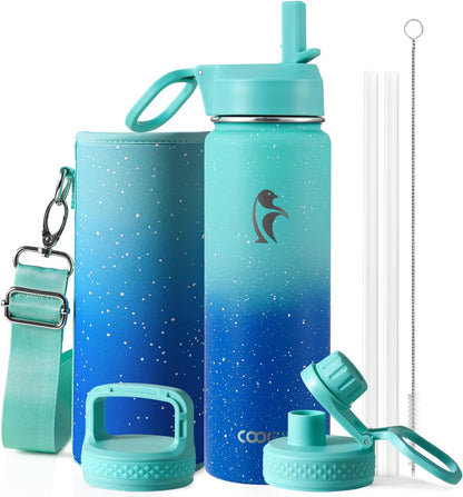 Half Gallon Water Bottle Insulated with Straw & 3 Lids, Coolflask 64 oz Water Jug Large Metal Stainless Steel Wide Mouth for Sports, Gym or Office, Non-BPA Keep Cold 48H Hot 24H, Samurai Cyan