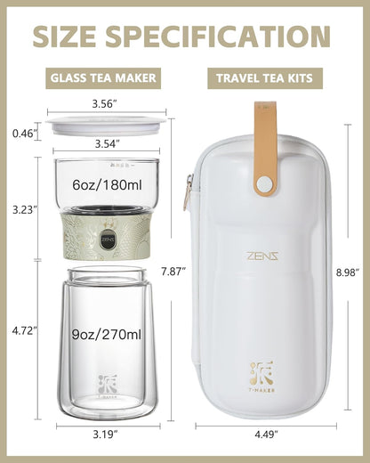 ZENS Modern Glass Infuser Teapot, One Touch Tea Maker for Loose Leaf Tea with Insulated Mug and Portable Case. Enchanted Pot Alternatives for Tea Lover Gifts