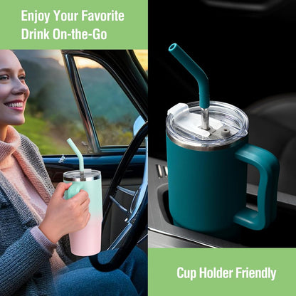 Zukro 24 oz Ceramic Lined Tumbler with Handle and Straw, No Metal Taste, Insulated Stainless Steel Coffee Mug with Spill Proof Lids for Home/Office, No Sweat, Keep Drinks Hot or Cold, Black