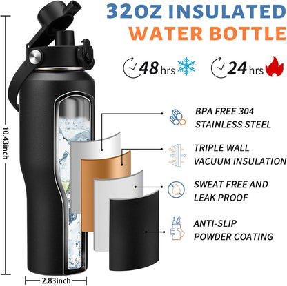 Insulated Water Bottle 40 oz - Fits in any Car Cup Holder, Keep Cold 48H Hot 24H, Stainless Steel Waterbottle Double Wall Flask with Straw, Pop-up Spout Lid, Paracord Handle, Carrier Bag