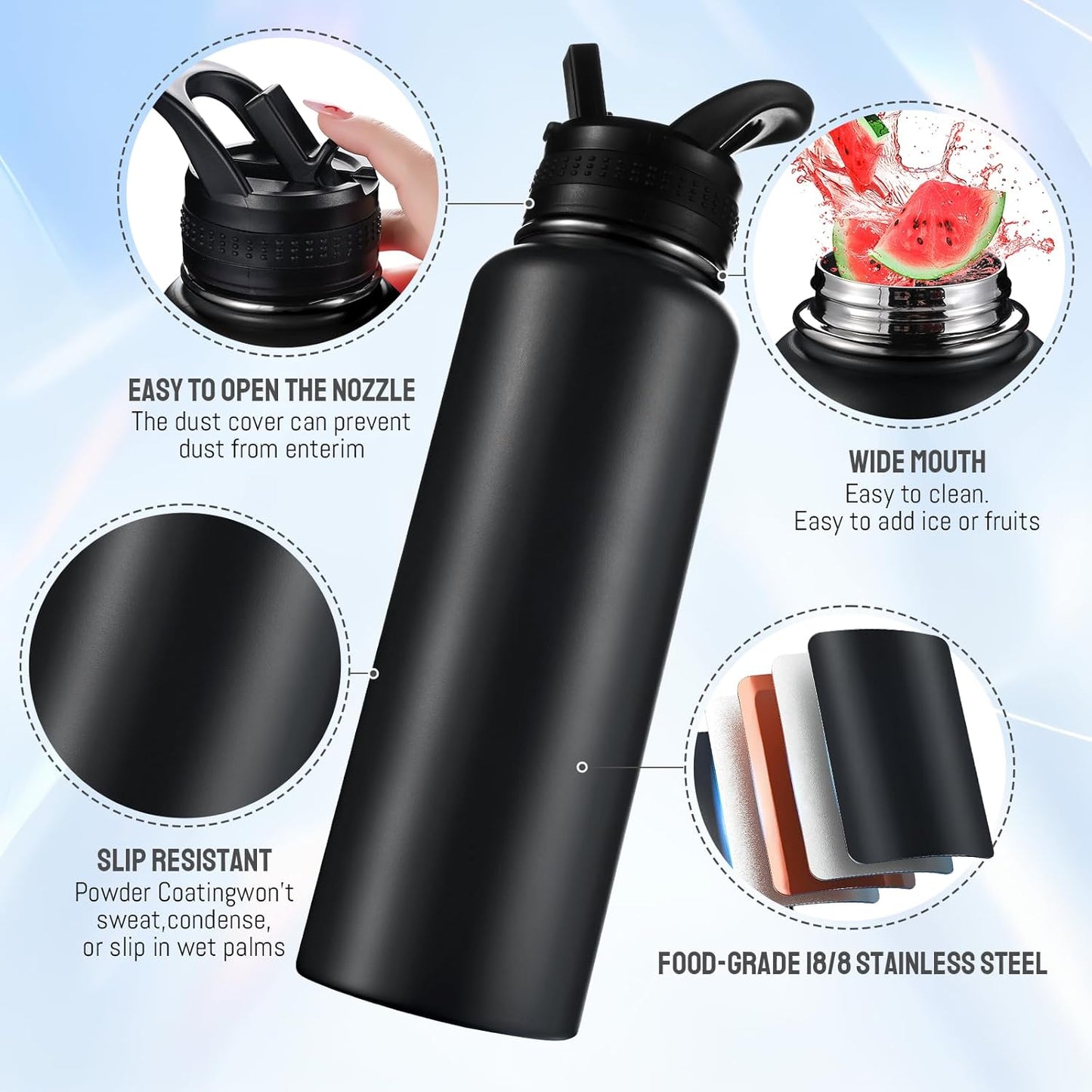 Insulated Water Bottles with Straw 40 oz Leak Proof, Vacuum Insulated Stainless Steel Sport Tumbler with 3 Lids Straw, Spout and Handle Lid for Sports, Gym or Office,Hot Pink