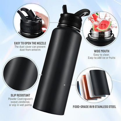 Insulated Water Bottles with Straw 40 oz Leak Proof, Vacuum Insulated Stainless Steel Sport Tumbler with 3 Lids Straw, Spout and Handle Lid for Sports, Gym or Office,Hot Pink
