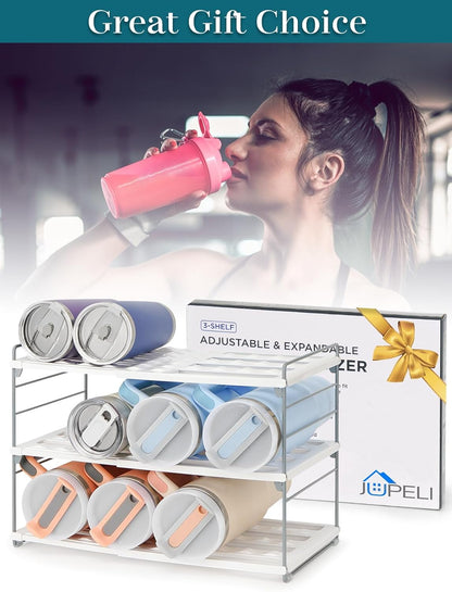 10.6-16.7" Adjustable Width Water Bottle Organizer for Cabinet, 3-Tier Expandable Water Bottle Holder Rack, Cup and Tumbler Storage for Kitchen Organization, Sports Flask, Insulated Travel Mug, Fridge