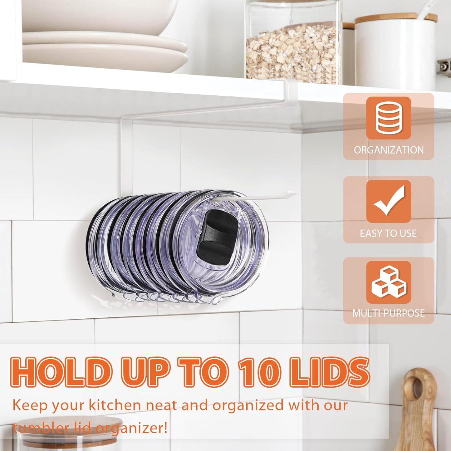 Tumbler Lid Organizer, Horizontal Tumbler Lid Storage Hook Up to 10 Lids, Space Saving Cup Lid Holders Under Cabinet Tumbler Lid Hook for Kitchen Organizer and Storage,Hanging Paper Towel Rack Hanger