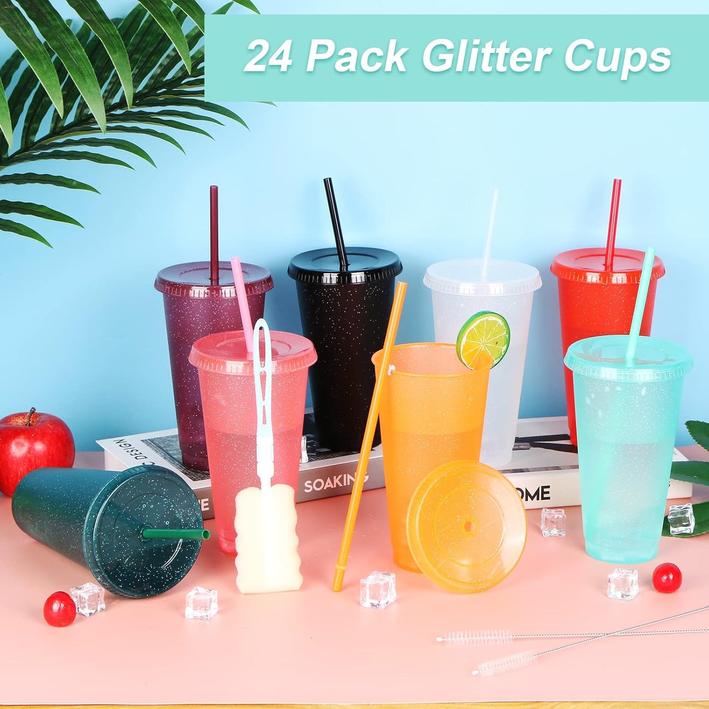 24 Pack Plastic Tumblers with Lids and Straw, Reusable Cups with Lids and Straws Colorful Cups for Cold Drink Iced Coffee, Plastic Tumbler Bulk for Party Birthday Gifts (24 oz, Stylish Colors)