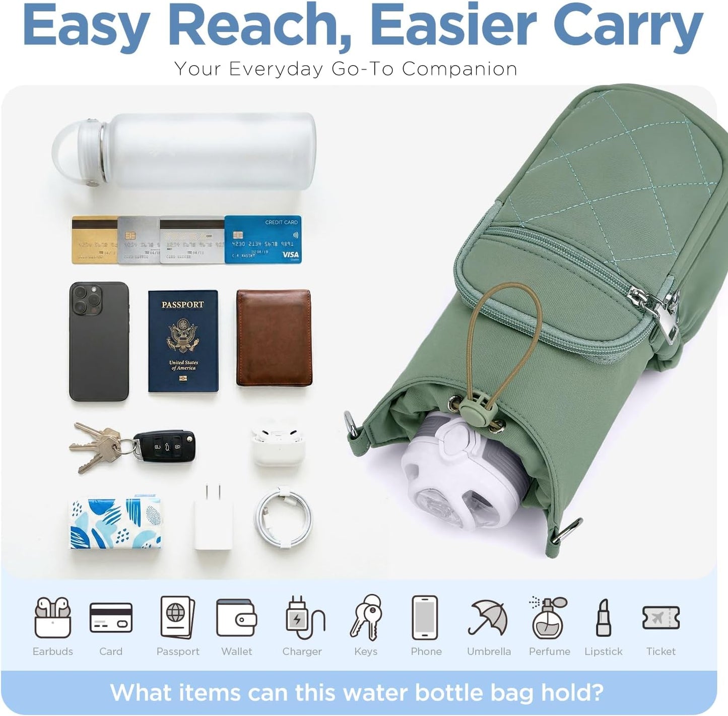 Crossbody Water Bottle Bag for Women, Lightweight Insulated Water Bottle Carrier with Phone Pocket, Secure &Hands-Free for Walking, Travel, Outdoor (Up to 40oz) Antique Green