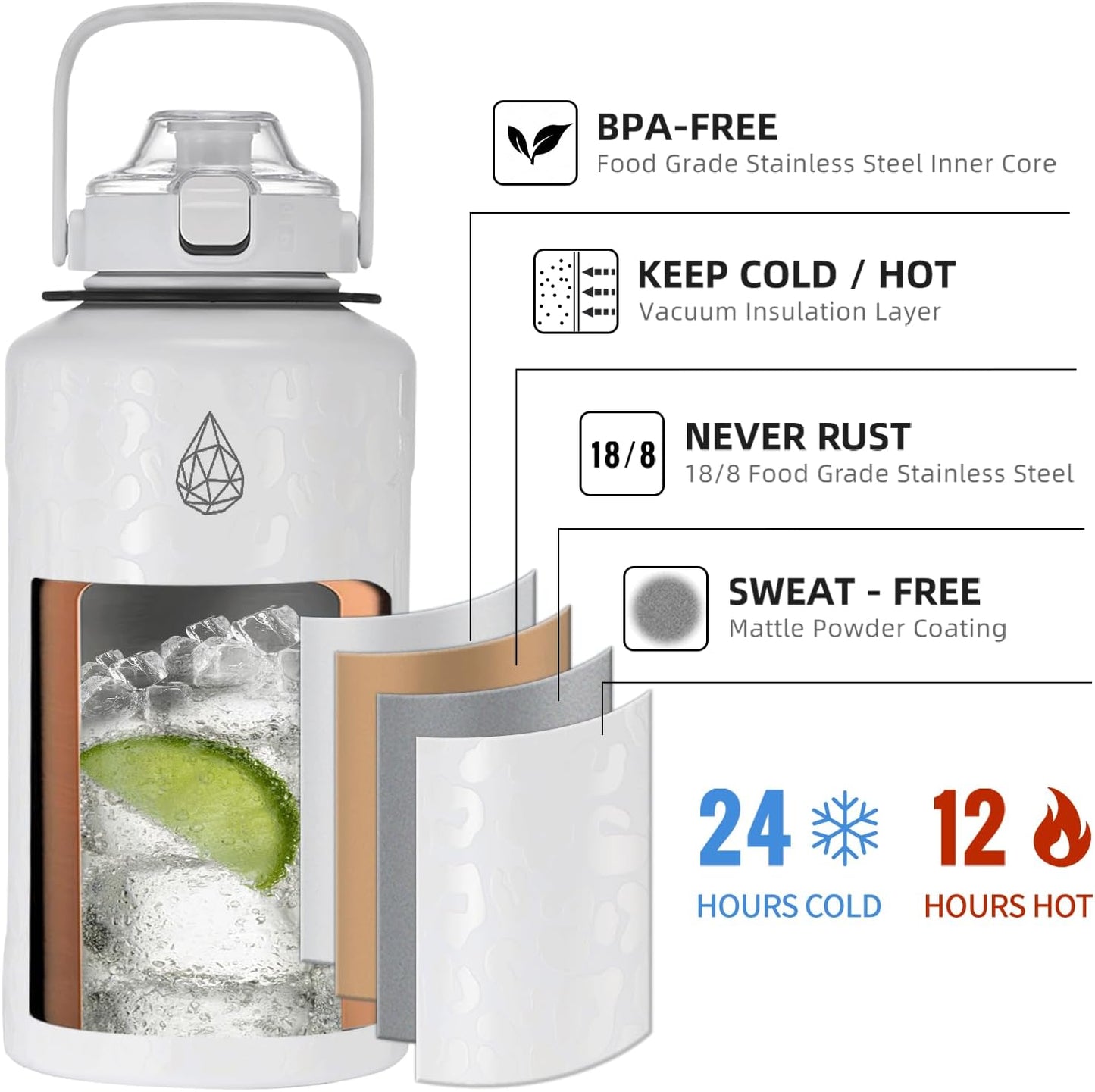 64oz Half Gallon Fruit Infuser Insulated Stainless Steel Water Bottle Jug, 48H Cold & 24H Hot, Large Capacity for Travel Hiking Mountain Climbing Black