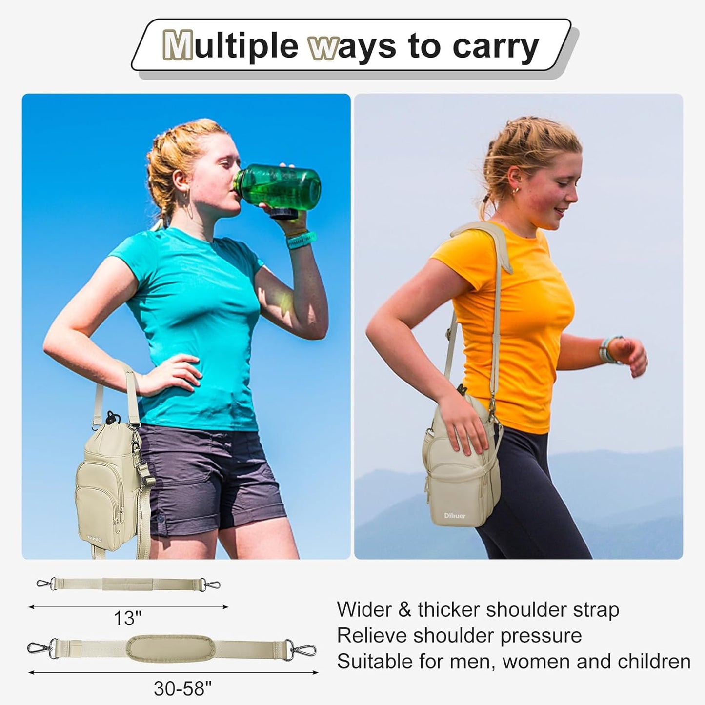 Water Bottle Holder with Strap, 4 Big Pockets with Compartment, 24oz/32oz/40oz Crossbody Water Bottle Carrier Bag