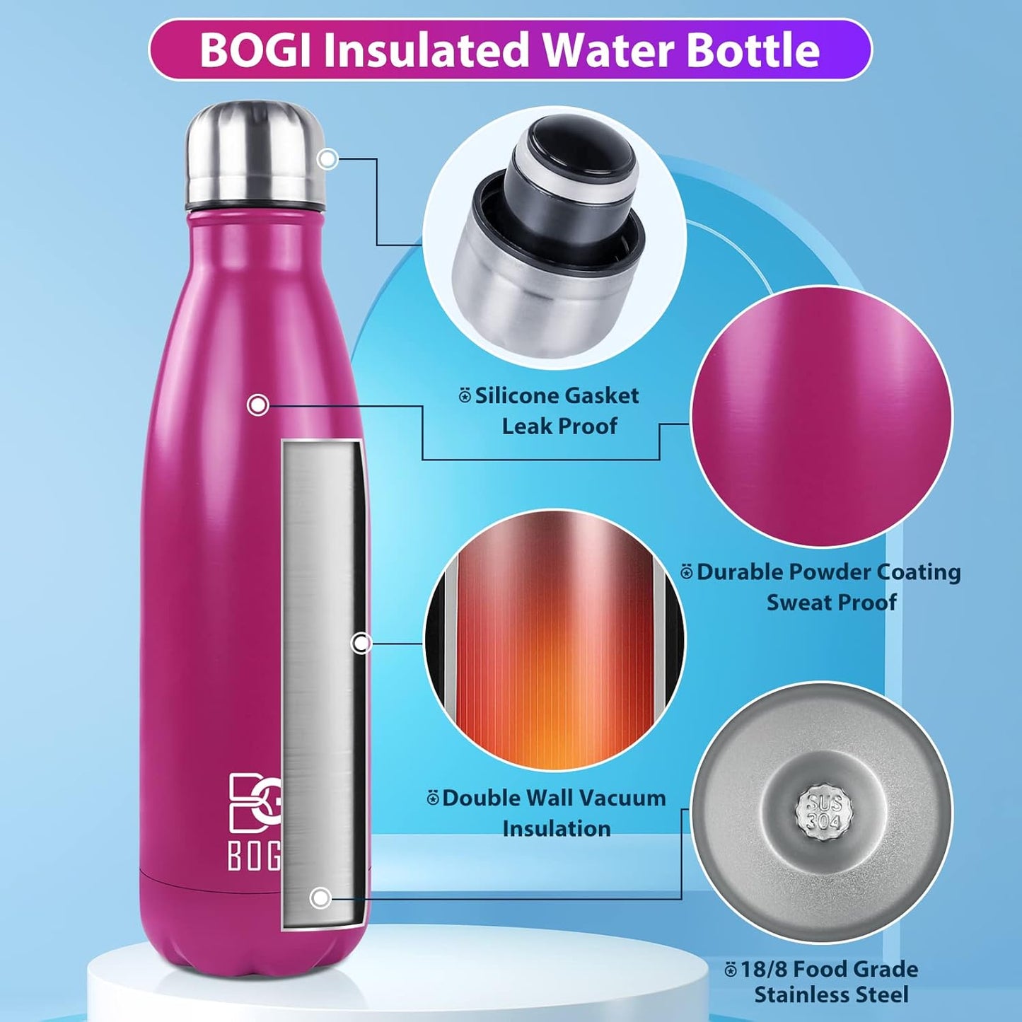 BOGI 17oz Insulated Water Bottle Double Wall Vacuum Stainless Steel Water Bottles, Leak Proof Metal Sports Water Bottle Keeps Drink Hot and Cold - Perfect for Outdoor Sports Camping Biking (Purple)