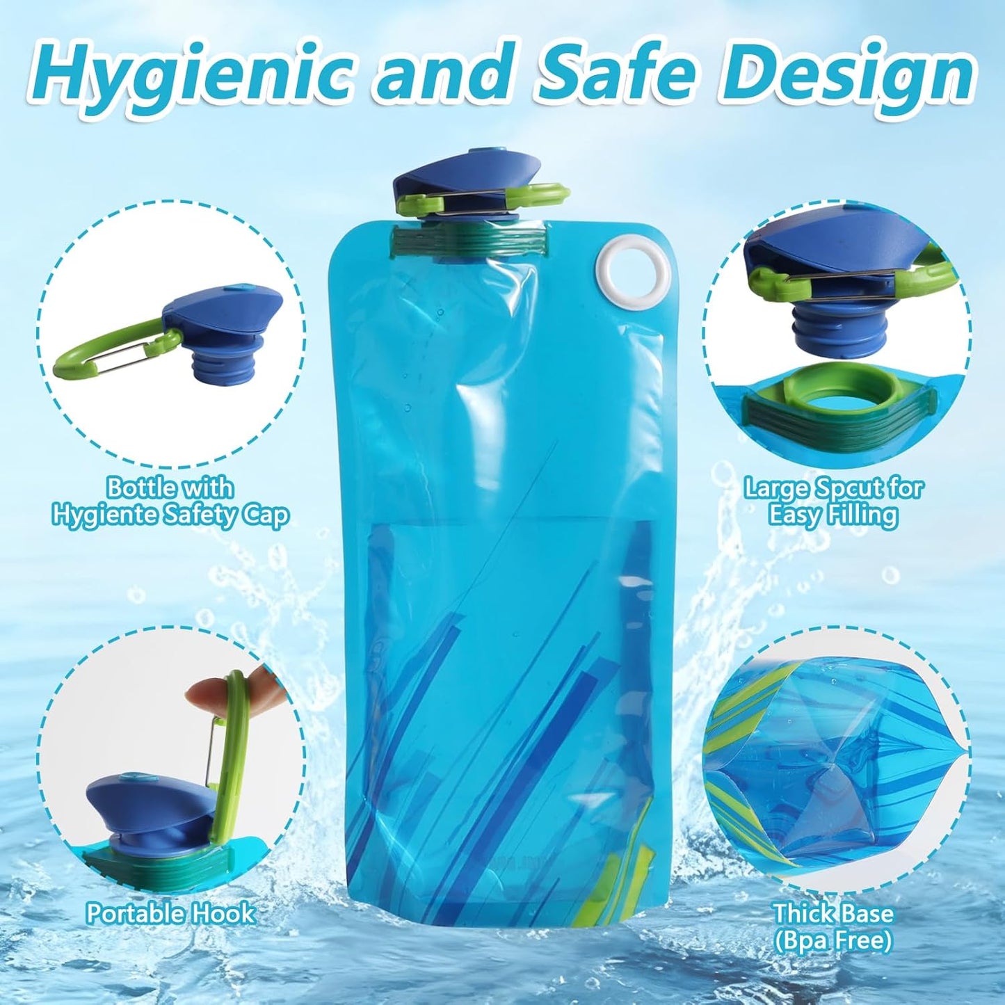 4 Pack Collapsible Water Bottle With Carabiner, 34 Ounce Foldable Water Bag with Leakproof Lid, Food-Grade Silicone Portable Water Bottle for Hiking, Sports, Camping, Biking, Traveling, BPA-Free