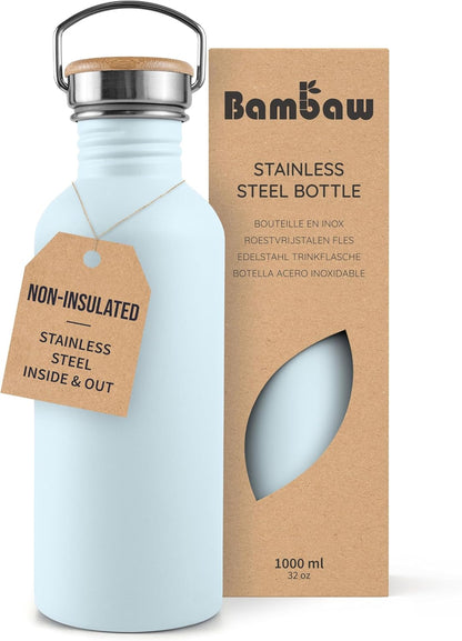 Bambaw Stainless Steel Water Bottles 32 oz, Non-insulated Single Wall Metal Water Bottle Stainless Steel, Reusable & Eco Friendly, Dishwasher Safe – Silver | Non-insulated