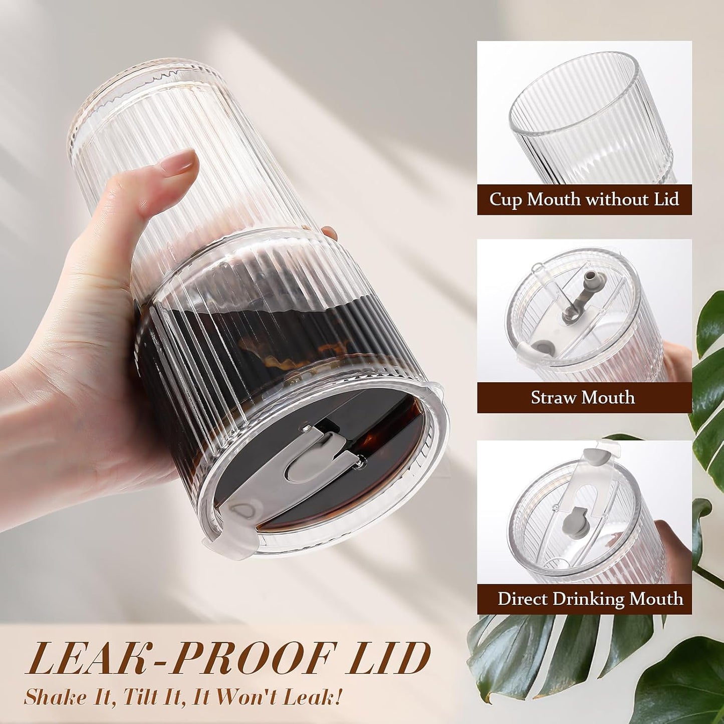 DWTS DANWEITESI Iced Coffee Cups with Lids 2Pcs: Ribbed Glass Tumbler with Straw and Lid 20oz-Vintage Glass Cups with Lids and Straws-Tumbler Leak Proof Aesthetic Drinking for Coffee Bar Accessories