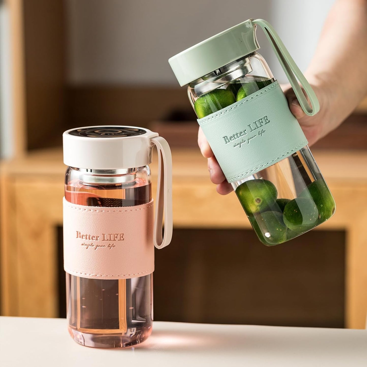 Glass Tea Bottle 16 oz Drinking Bottle with Non-Slip Holster, and Stainless Tea Infuser,Leak Proof Lid,Portable Glass Water Bottle for School, Office, Car & Home,as a gift, etc (Pink)