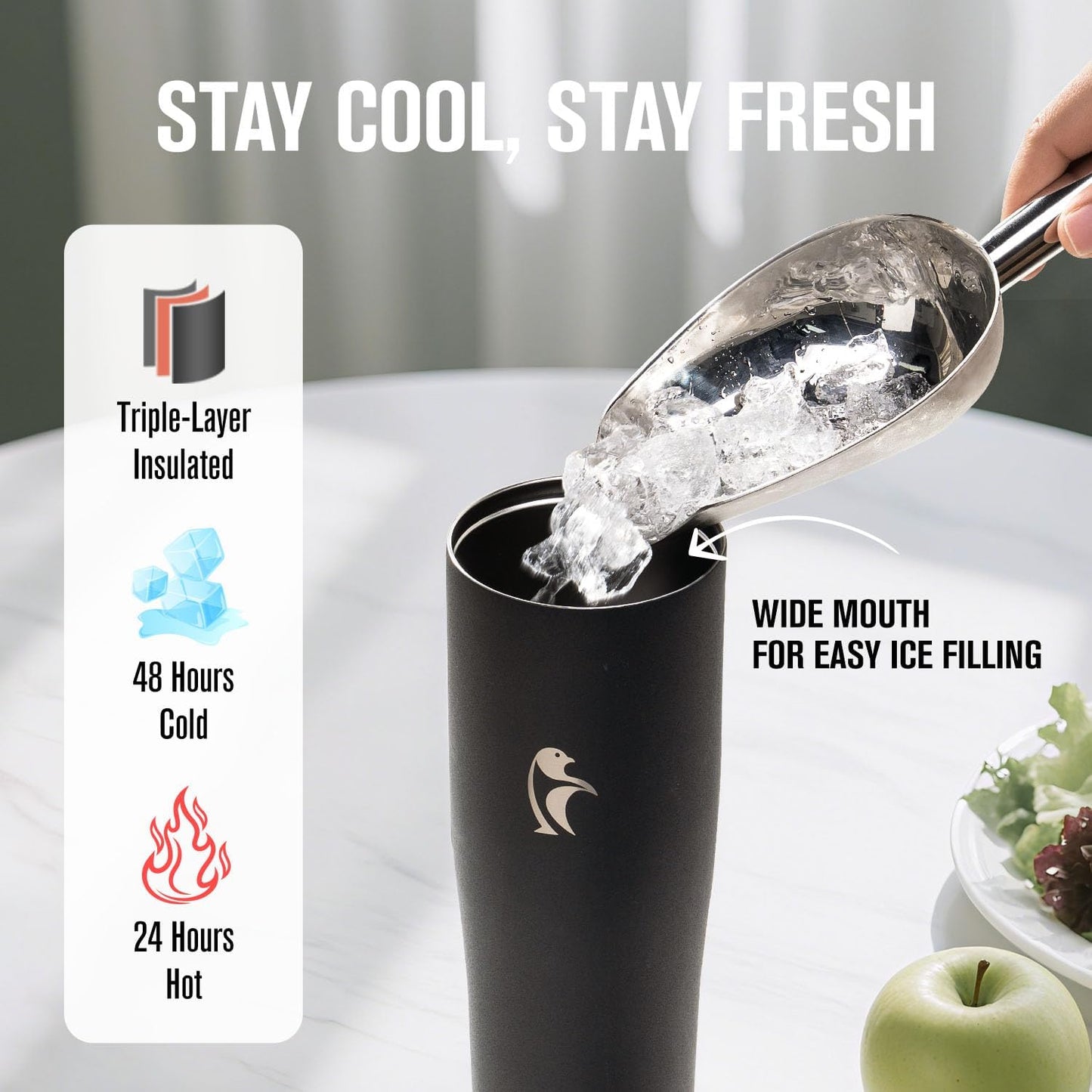 Coolflask Water Bottle 40 oz Fits Car Cup Holder, Slim Tumbler Stainless Steel with Straw & Handle, Vacuum Flask Leakproof Wide Mouth for Travel Sports Gym, Black