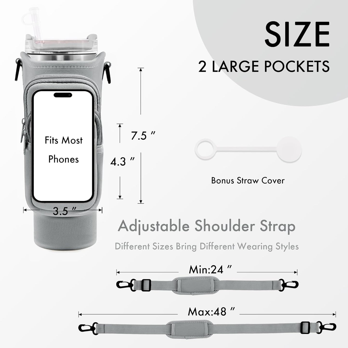 JEBEALUO Water Bottle Carrier Bag with Phone Pocket for Stanley Cup 40/30 oz, Water Bottle Holder with Adjustable Strap& Straw Cover, Stanley Cup Accessories