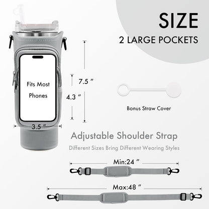JEBEALUO Water Bottle Carrier Bag with Phone Pocket for Stanley Cup 40/30 oz, Water Bottle Holder with Adjustable Strap& Straw Cover, Stanley Cup Accessories