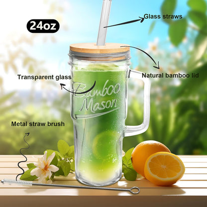 ANOTION Bamboo Mason Leakproof Mason Jar Cups with Lids and Straws, Cap Cup 24oz Glass Tumbler with Handle, Rotating Lid Silicone Straw, Reusable Iced Coffee Matcha Cup Coffee Gifts for Women 2pc