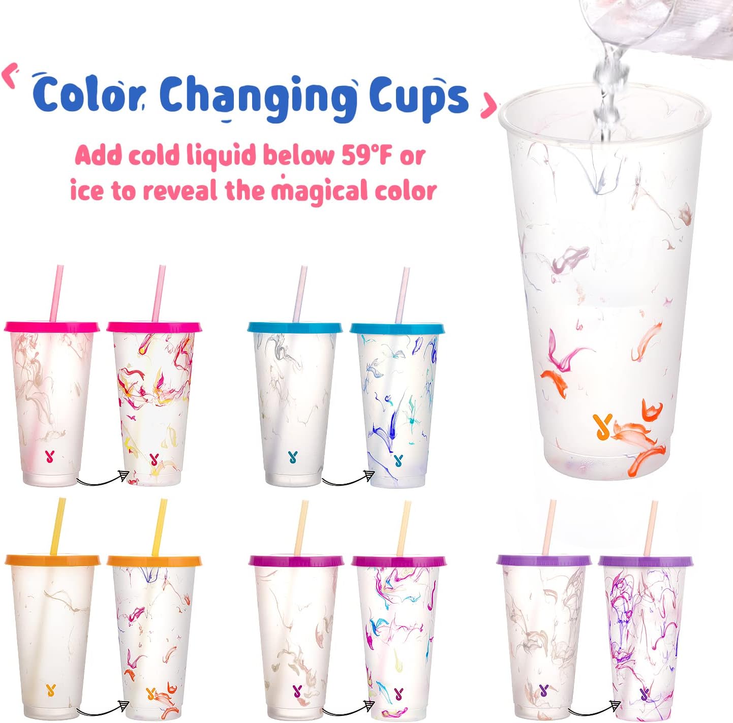 Meoky Color Changing Cold Cups with Lids and Straws - 5 Pack 24 oz Plastic Cute Tumblers Bulk, Reusable for Kids Women Party, Iced Coffee(Swirl)