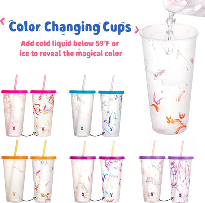 Meoky Color Changing Cold Cups with Lids and Straws - 5 Pack 24 oz Plastic Cute Tumblers Bulk, Reusable for Kids Women Party, Iced Coffee(Swirl)