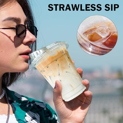 BYSNOW 100 Pack 16 oz Clear Plastic Cups with Lids, Disposable Iced Coffee Cups with Sip Lids, Sturdy Plastic Smoothie Cups for Cold Drinks