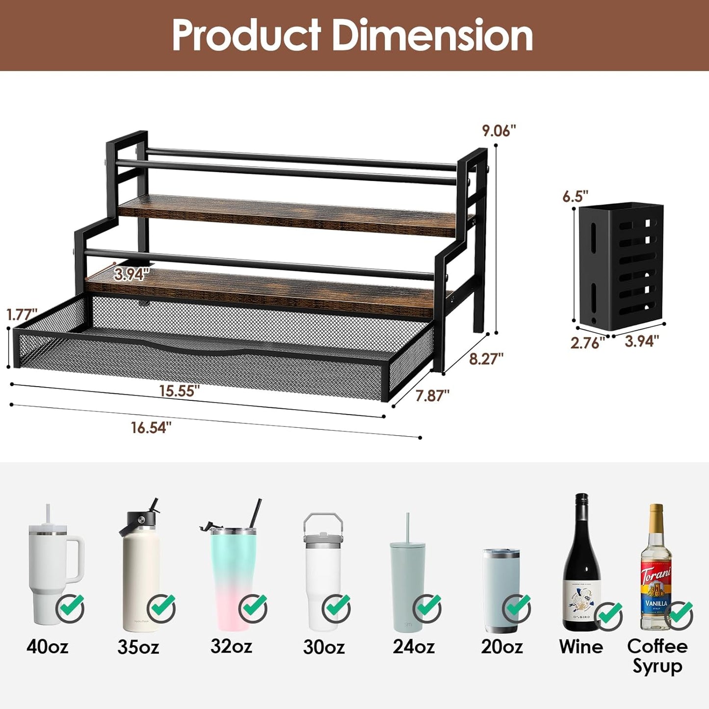 Water Bottle Organizer for Full Stanley 40 oz Tumbler with Handle, 2 Tier Tumbler Organizer for 8 Cups, Kitchen Pantry Organizers and Storage for Owala Stanley Cup Accessories, Brown