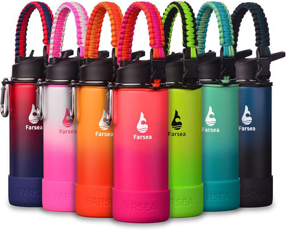 Farsea Insulated Water Bottle With Paracord Handle, Protective Silicone Boot and 2 Lids (Straw Lid & Spout Lid), Stainless Steel Water Bottle Wide Mouth, Double Wall Sweat-Proof BPA-Free, 24 oz