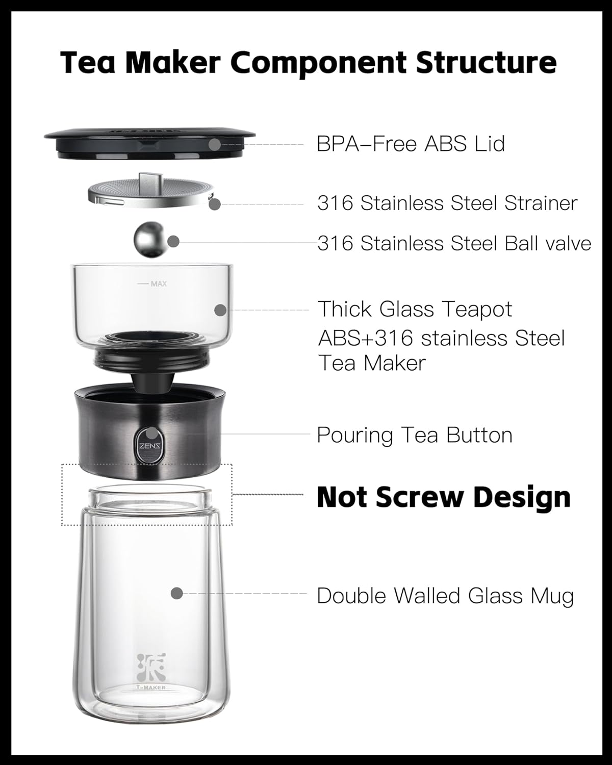 ZENS Modern Glass Infuser Teapot, One Touch Tea Maker for Loose Leaf Tea with Insulated Mug and Portable Case. Enchanted Pot Alternatives for Tea Lover Gifts