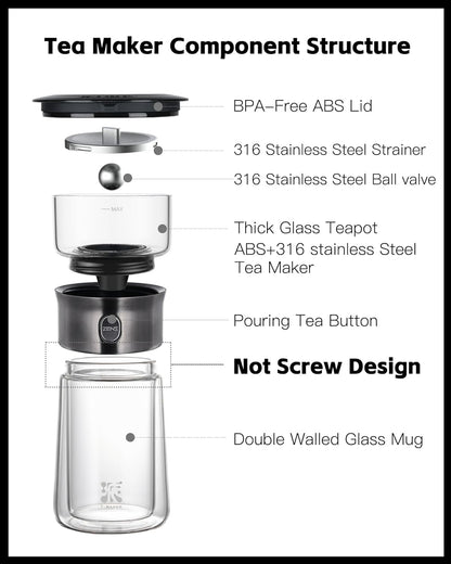 ZENS Modern Glass Infuser Teapot, One Touch Tea Maker for Loose Leaf Tea with Insulated Mug and Portable Case. Enchanted Pot Alternatives for Tea Lover Gifts