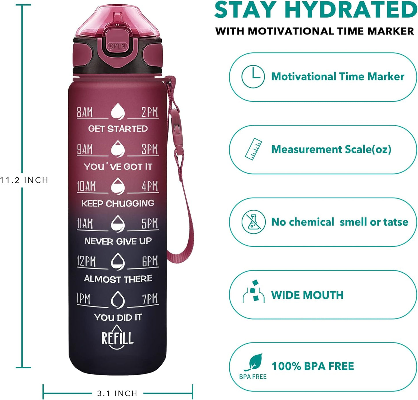 Enerbone 32 oz Drinking Water Bottle with Times to Drink and Straw, Motivational with Carrying Strap, Leakproof BPA & Toxic Free, Ensure You Drink Enough Water for Fitness Gym Outdoor