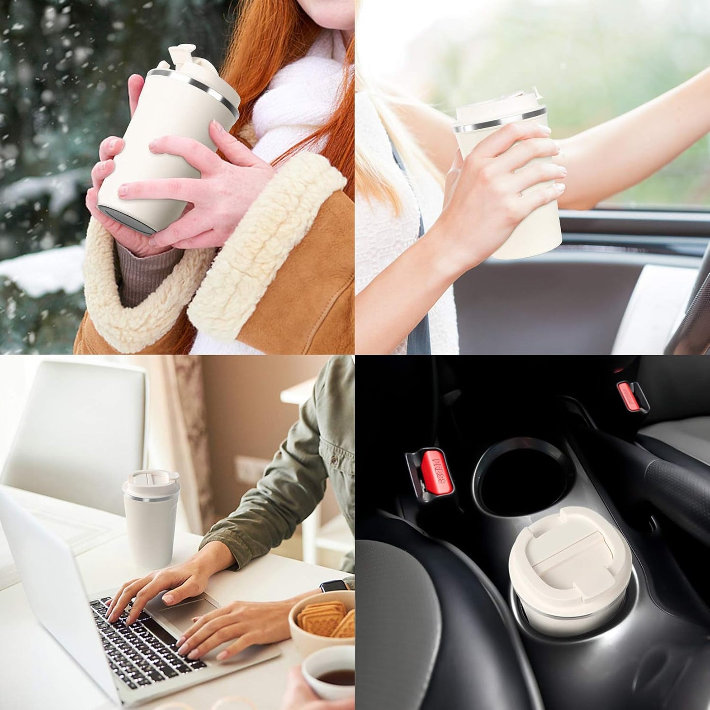 17oz (510ml) Vacuum Insulated Coffee Travel Mug, Leak proof Double Wall Stainless Steel Reusable Cup with Lid, Thermal Tumbler for Hot and Cold Drinks, Matte Texture White