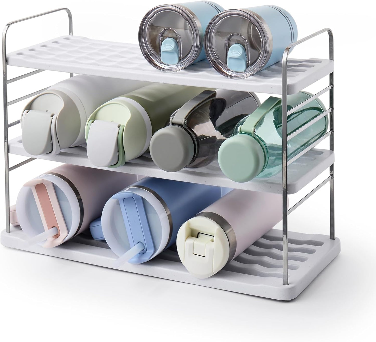 YouCopia UpSpace Water Bottle and Travel Mug Cabinet Organizer, Adjustable Storage Rack for Kitchen Organization, 3-Shelf