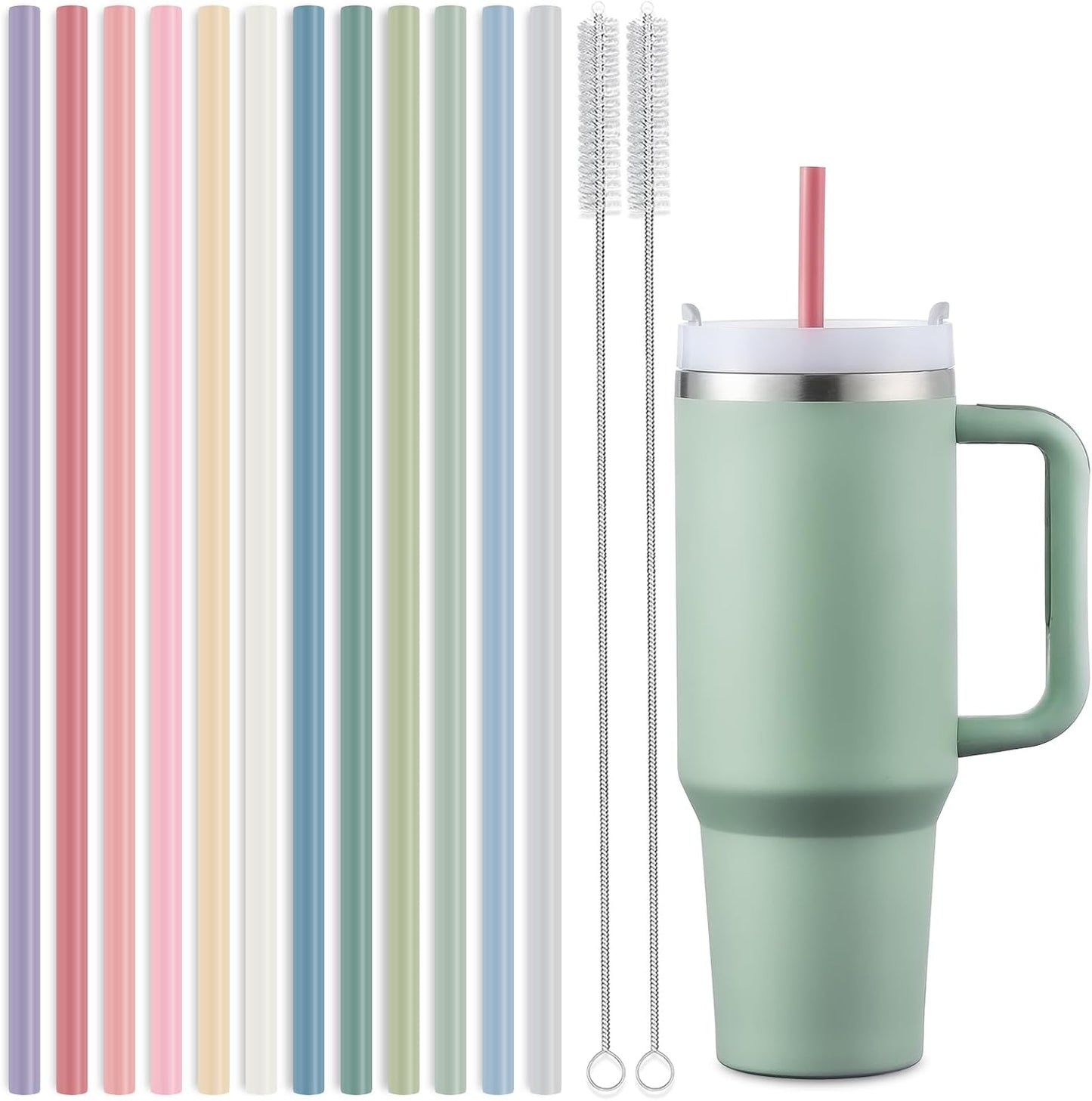 12 Pack Extra Long 14.5 inch Reusable Silicone Straws for Stanley 40 oz Tumbler 1 Gallon 128 75 64 OZ Tumbler, Large Water Bottle -Wine Bottle - Flexible Drinking Straws with 2 Cleaning Brushes