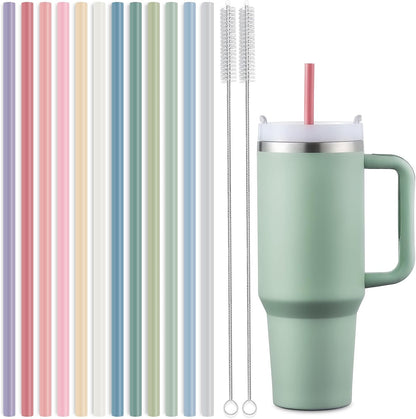 12 Pack Extra Long 14.5 inch Reusable Silicone Straws for Stanley 40 oz Tumbler 1 Gallon 128 75 64 OZ Tumbler, Large Water Bottle -Wine Bottle - Flexible Drinking Straws with 2 Cleaning Brushes