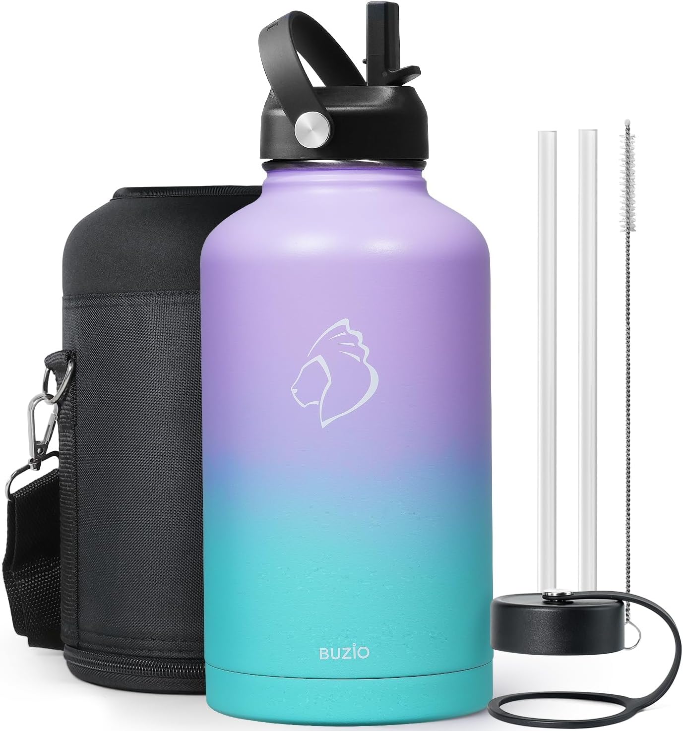 BUZIO 40oz Insulated Water Bottle, Triple Wall Vacuum Stainless Steel Water Flask with 2 lids, Lead-Free BPA-Free Straw Lid Sports Canteen Jug, Cold 48H & Hot 24H- Black - Colors B