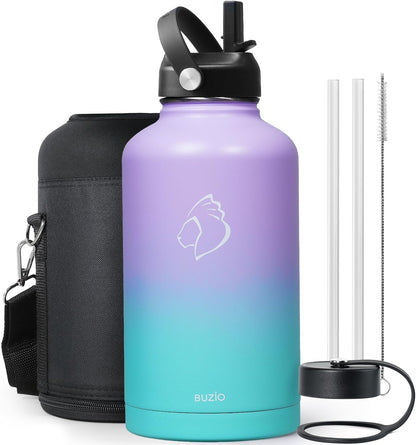 BUZIO 40oz Insulated Water Bottle, Triple Wall Vacuum Stainless Steel Water Flask with 2 lids, Lead-Free BPA-Free Straw Lid Sports Canteen Jug, Cold 48H & Hot 24H- Black - Colors B