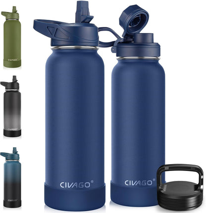 CIVAGO 32 oz Insulated Water Bottle With Straw, Stainless Steel Sports Water Cup Flask with 3 Lids (Straw, Spout and Handle Lid), Wide Mouth Travel Thermal Mug, Black